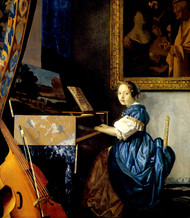 A lady seated at a virginal by Johannes Vermeer Framed Print on Canvas
