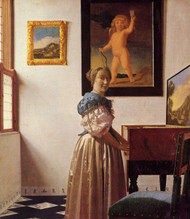 A lady standing at a virginal by Johannes Vermeer Framed Print on Canvas