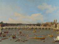 Westminster Bridge, with the Lord Mayor's Procession on the Thames 1747 by Canaletto, Framed Print on Canvas