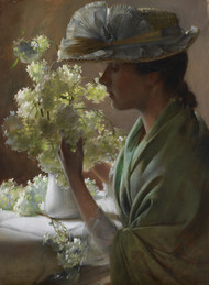 Lady with a Bouquet Snowballs 1890 by Charles Courtney Curran Framed Print on Canvas