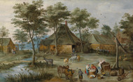 Village scene at the draw fountain by Joos de Momper Framed Print on Canvas