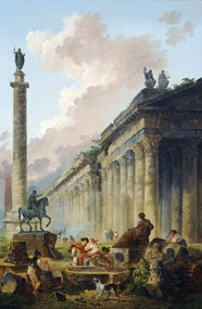Imaginary View of Rome with Equestrian Statue of Marcus Aurelius, the Column of Trajan and a Temple 1786 by Hubert Robert Framed Print on Canvas