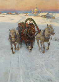 Horse-drawn sleighs in the snow by Franz Roubaud Framed Print on Canvas