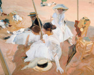 Under the awning, on the Beach at Zarauz 1905 by Joaquin Sorolla Framed Print on Canvas
