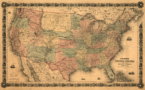 1861 Civil War Map Colton's United States showing the military stations ...