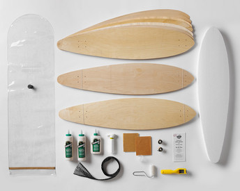 Kit contains everything you need to make 3 pintail longboards: 100% Canadian maple veneer sheets, mold for shaping, glue, roller, Thin Air Press and finishing tools