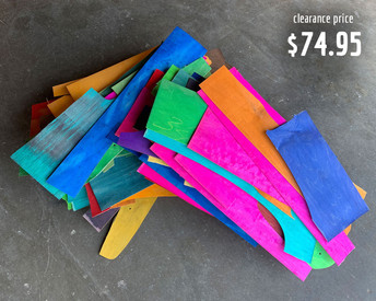 All irregular shapes, this box of off cut pieces of dye-infused maple veneer is suitable for very small projects.