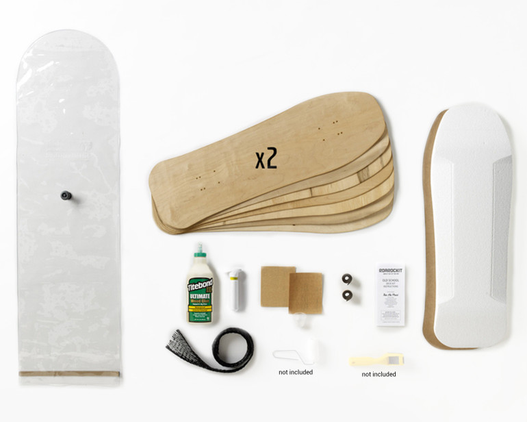 Kit contains everything you need to make Old-School style skateboards: 100% Canadian maple veneer sheets, mold for shaping, glue, and Thin Air Press