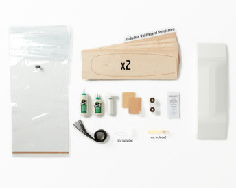 Kit contains everything you need to make 1 of 9 possible Multiboard skateboards: Canadian maple veneer sheets, mold for shaping, glue, and Thin Air Press