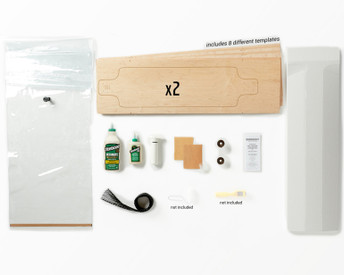 Kit contains everything you need to make 1 of 8 possible Multiboard skateboards: Canadian maple veneer sheets, mold for shaping, glue, and Thin Air Press