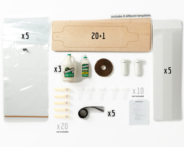 This Multi-Pack provides enough material for a group of 2, 10 or 20 students to all build Multiboard longboards using our patented classroom technology.