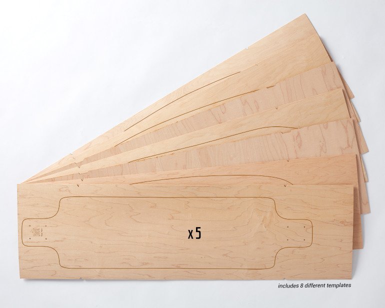 Five sets of Multiboard Longboard maple veneer 7-layer sets, each set allows you to make 1 of 8 possible board shapes.