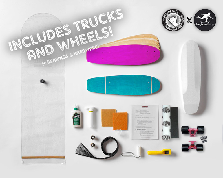 Roarockit's first ever complete teacher's kit featuring trucks and wheels from Longboard Living! This kit is designed for teachers as it includes a mini-curriculum plus everything everything you need to make 2 Lil'Rockit decks: 100% Canadian maple veneer sheets, mold for shaping, glue, roller, Thin Air Press, finishing tools, and grip tape, along with trucks, wheels, bearings, and hardware for one complete board. Add a second set for only $99.95! A great ice breaker activity for students that is engaging, fun, and can lead to a very responsive classroom.