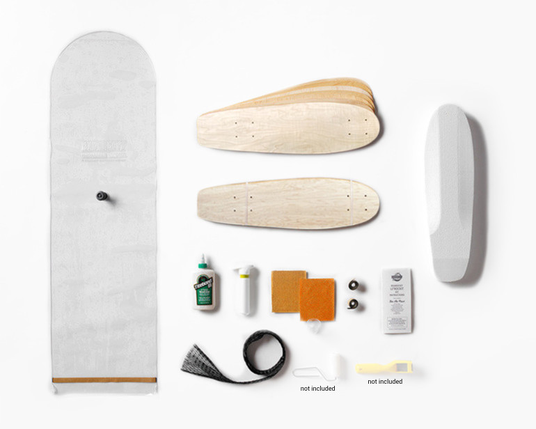 This kit contains everything you need to make Lil'Rockit boards: 100% Canadian maple veneer sheets, mold for shaping, glue, and Thin Air Press