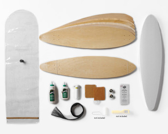 Kit contains everything you need to make Pintail long boards: 100% Canadian maple veneer sheets, mold for shaping, glue, and Thin Air Press