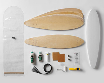 Kit contains everything you need to make 2 pintail long boards: 100% Canadian maple veneer sheets, mold for shaping, glue, roller, Thin Air Press and finishing tools
