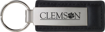 Clemson Logo with Leather & Metal  Keychain with Black Accents