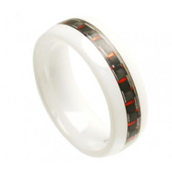 White Ceramic Ring With "Black & Red Carbon Fiber Inlay"