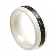 White Ceramic Ring With "Blue & Black Carbon Fiber Inlay"