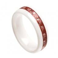 White Ceramic Ring With "Red Old Rose Carbon Fiber Inlay"