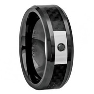 Ceramic Ring .05ct Black Diamond stone Black Carbon Fiber Inlay