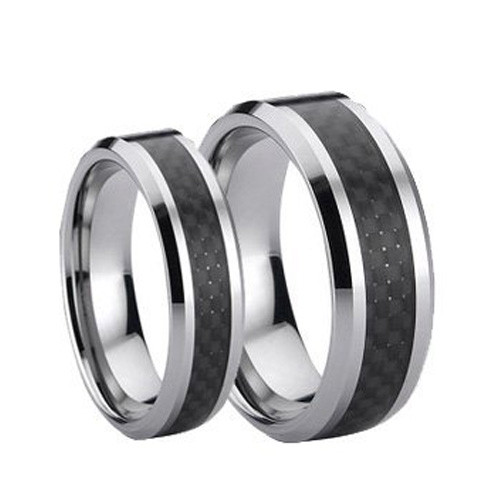 Wedding band set Tungsten Carbide his and her set black carbon fiber size 5-15 free laser engraving
