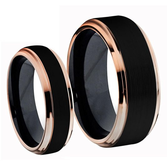 nemen Bijdragen dubbellaag Titanium Black Rose Gold Ring Set - Tungstenjeweler.com