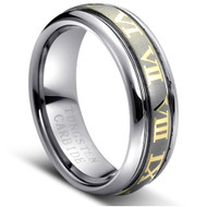 Tungsten Brushed Ring Gold Plated Roman Numbers Laser Engraved