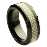 Black Ceramic Ring Silver Carbon Fiber Inlay