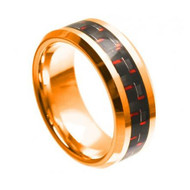 Tungsten Rose Gold Ring With Black & Red Carbon Fiber Inlay