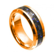 Tungsten Rose Gold Ring With Black & Blue Carbon Fiber Inlay