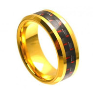 Tungsten Plated Gold Ring With Black & Red Carbon Fiber Inlay