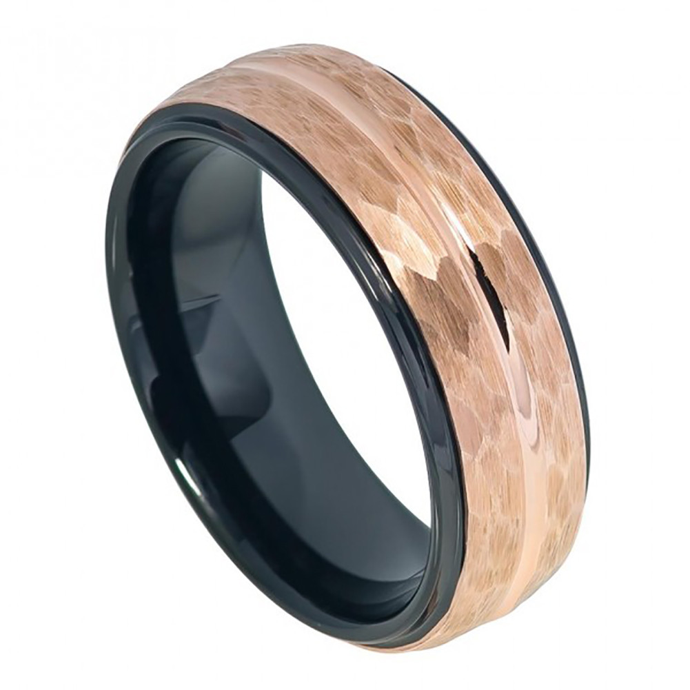 8mm Tungsten Two-tone Black IP Inside & Rose Gold IP Hammered Finish 