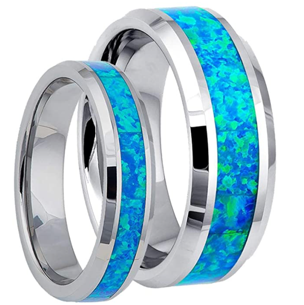 Matching His & Hers Blue Hawaiian Inlay Tungsten Ring Set -  Tungstenjeweler.com