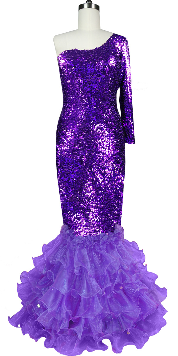 Long Dress | One-color | Metallic Purple Sequin Spangles Fabric | One  Sleeve Cut | Purple Organza Ruffles | SequinQueen