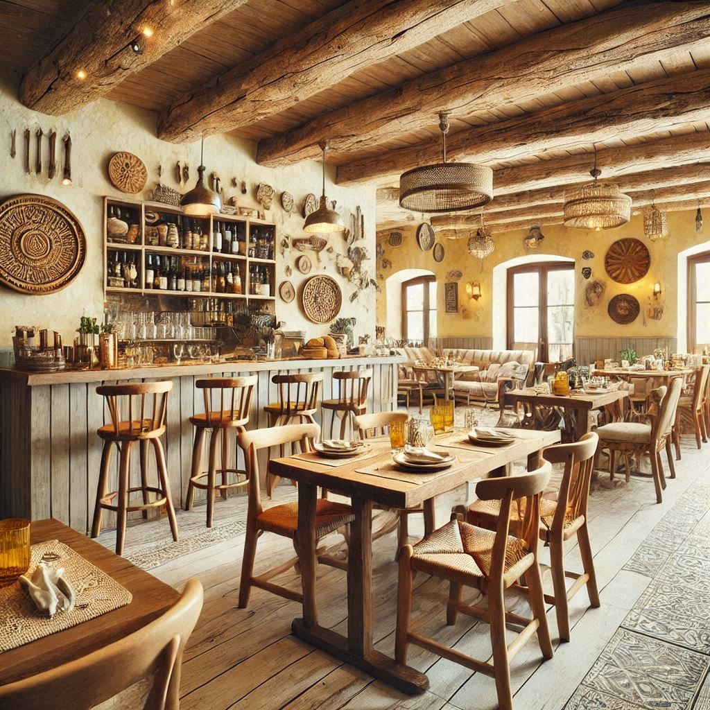 bar and restaurant rustic copper, zinc, wood furnishings, and fixtures