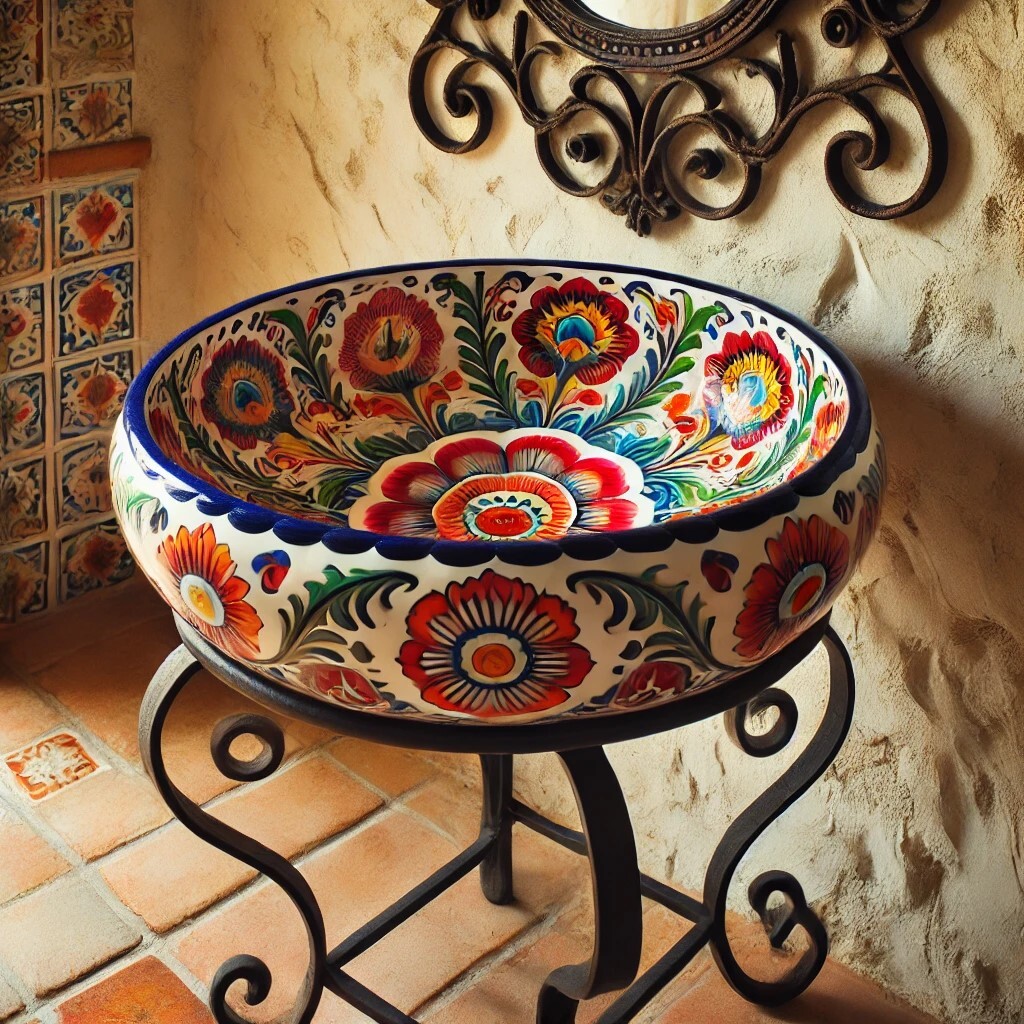 Talavera sink painted with traditional Mexican designs, placed in a rustic bathroom setting.