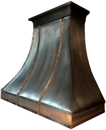 Front view of the Houston style pewter range hood showcasing its elegant form and copper decorative elements.