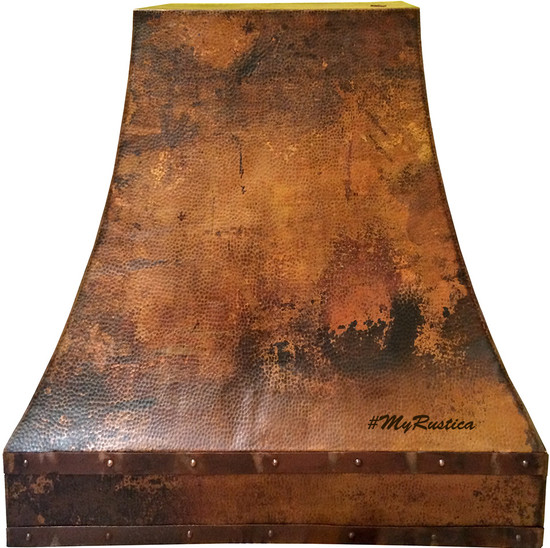 Front view of copper metal vent hood with Pittsburgh-inspired design