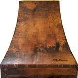 Front view of copper metal vent hood with Pittsburgh-inspired design.