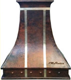 Plano style copper kitchen vent hood with a curved design and natural patina.