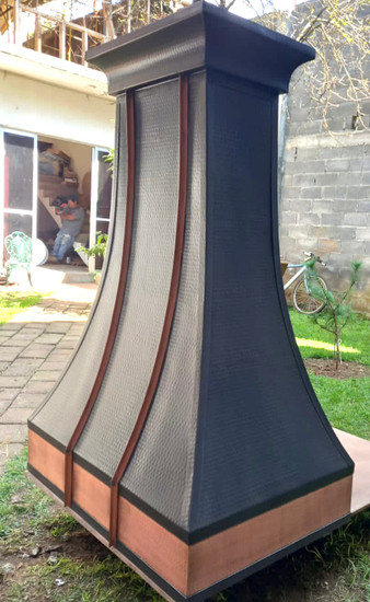 dark zinc range hood with copper decorative apron and straps on sale