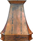 Copper range hood with a Canadiana piramid shape, rustic natural fired finish, three-level crown molding, and riveted apron design.