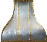 Handcrafted Virginia Zinc Brass Range Hood featuring brass straps for a modern and rustic kitchen design.