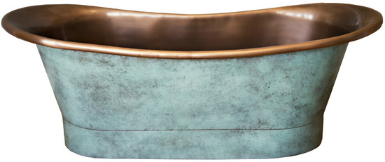 Front view of the Old Country copper bathtub with oxidized green patina and wide lip.