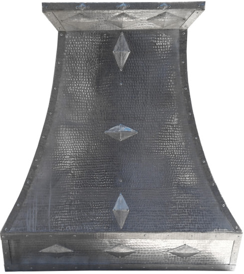 Front view of the Zinc Range Hood Louisiana, highlighting the decorative diamond hammered pattern and natural zinc finish for a rustic yet elegant look.