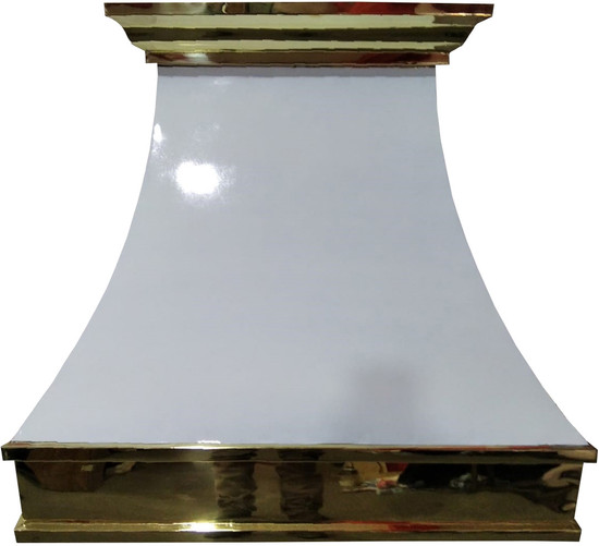 white metal zinc range hood with brass crown molding and apron