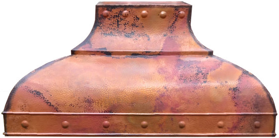 Parisian style copper range hood front view highlighting the double-bell design, natural fired finish, and riveted apron.