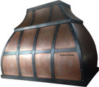 Side view of Arlington style range hood showing a compact upper section with vertical straps and a larger lower section with three straps.