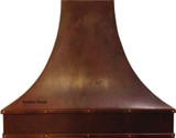 Front view of Asheville Copper Range Hood, showcasing the hammered copper finish and sleek design for modern kitchens